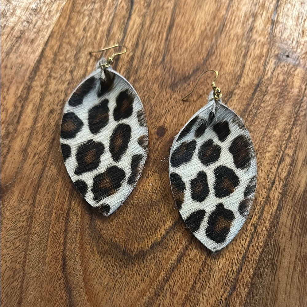 Cowhair animal print leather earrings, handmade, leopard, boho, festival